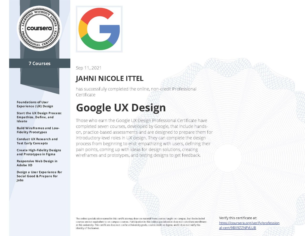 Google UX Design Certificate awarded to Jahni Ittel