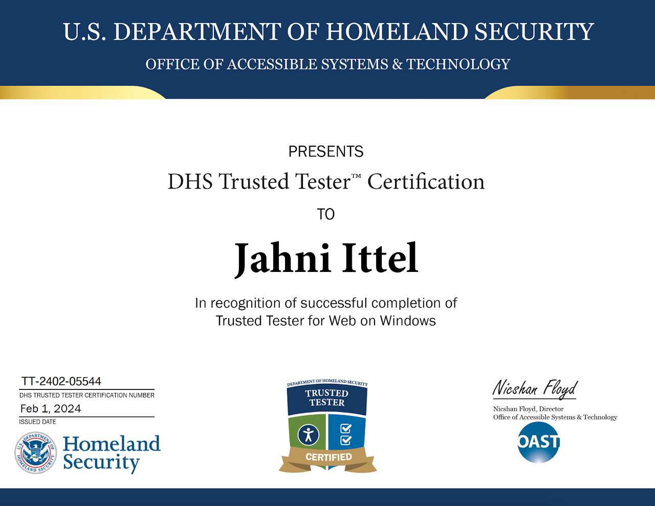 Jahni Ittel Trusted Tester Certificate