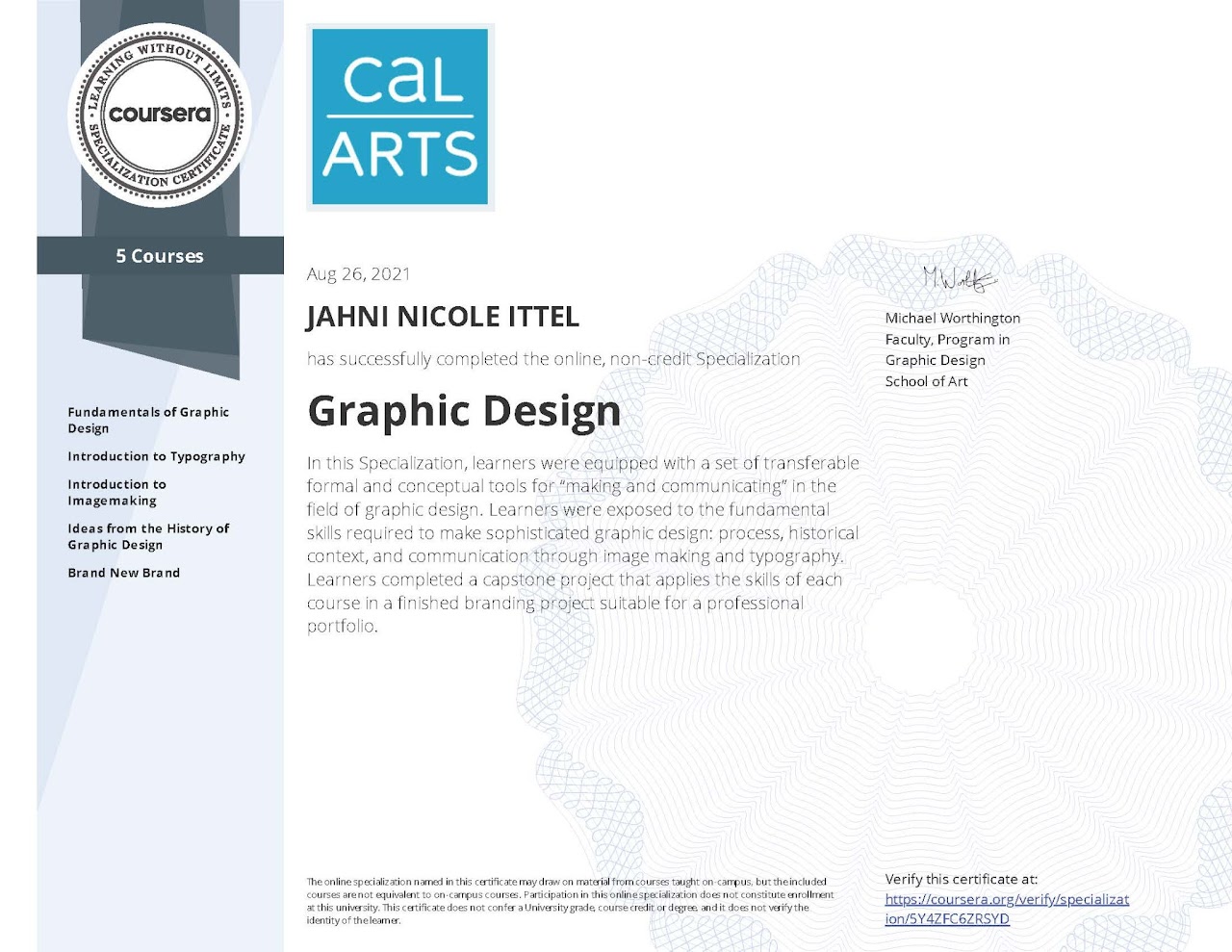 CalArts Graphic Design Certificate awarded to Jahni Ittel